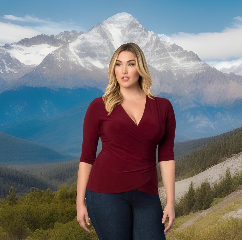 Kiyonna Femme Fatale Top 2X Faux Wrap Burgundy Red Ruched Slimming Colorful